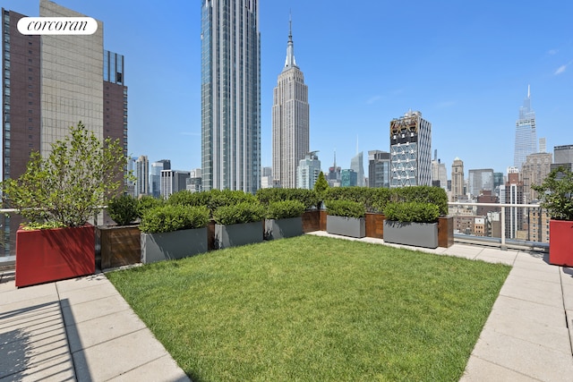 view of home's community with a lawn and a city view