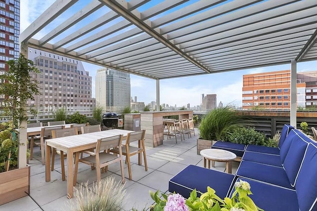 view of patio with a view of city, outdoor dining area, a pergola, and a grill