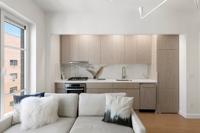 kitchen with appliances with stainless steel finishes, a sink, decorative backsplash, light countertops, and light wood-type flooring