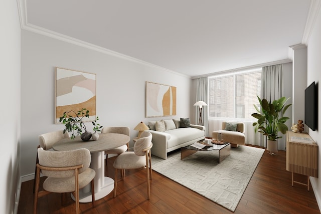 living area with dark wood finished floors and crown molding