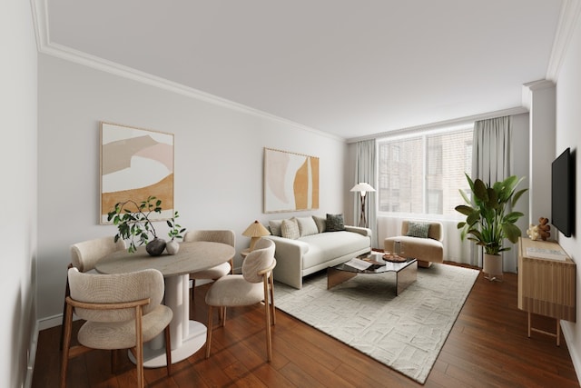 145 E 48th St Unit 5H, New York City, NY 10017 - living room with dark wood-style flooring and ornamental molding