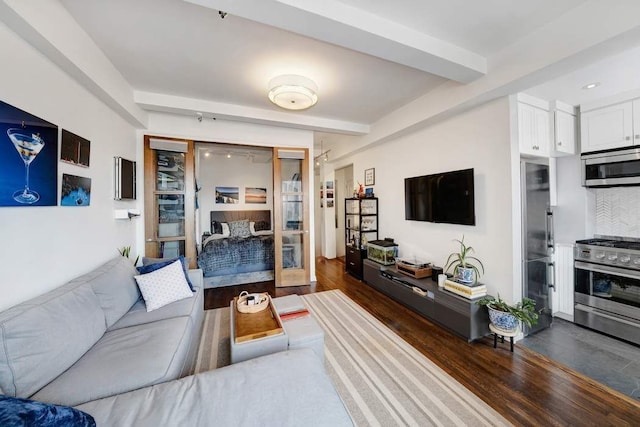 living area featuring recessed lighting, beamed ceiling, and dark wood-style floors