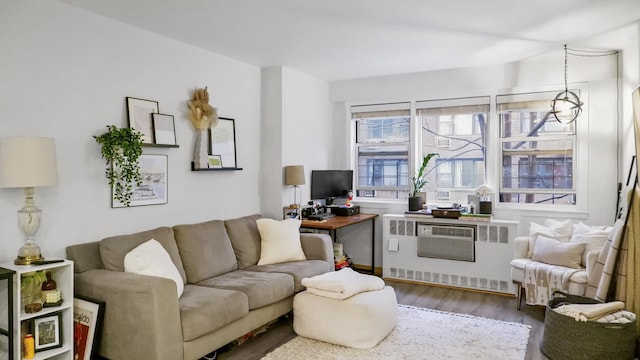 living area featuring radiator and wood finished floors