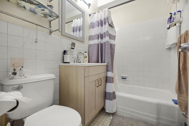 full bathroom with toilet, tile walls, vanity, and shower / bathtub combination with curtain