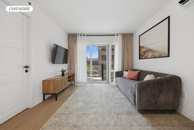 428 E 9th St Unit 209, New York City, NY 11218 - living area featuring wood finished floors, a wall mounted AC, and baseboards