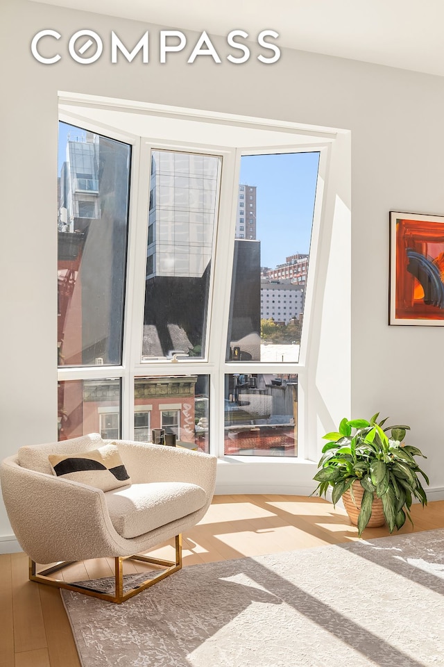 living area featuring a view of city, plenty of natural light, and wood finished floors