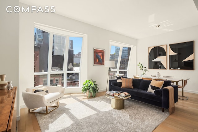 living area with a view of city, baseboards, and wood finished floors