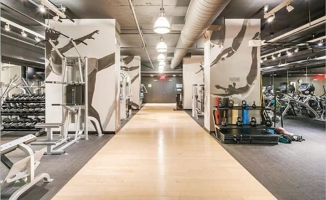 gym featuring wood finished floors