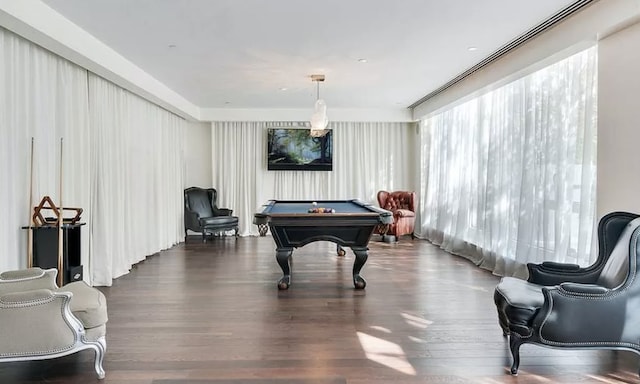 recreation room with pool table and wood finished floors