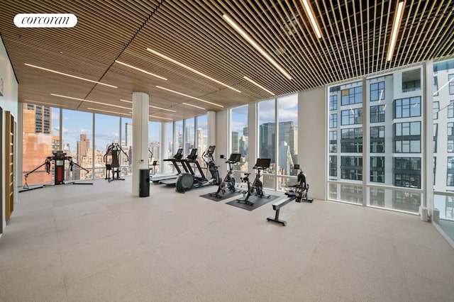 exercise room featuring a view of city and floor to ceiling windows