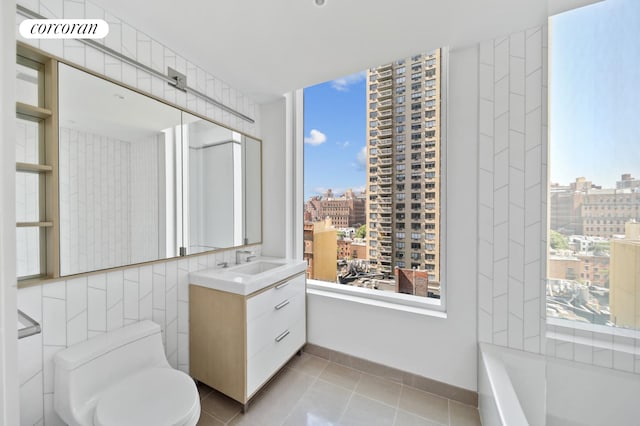 full bathroom with vanity, visible vents, tile patterned floors, a view of city, and toilet