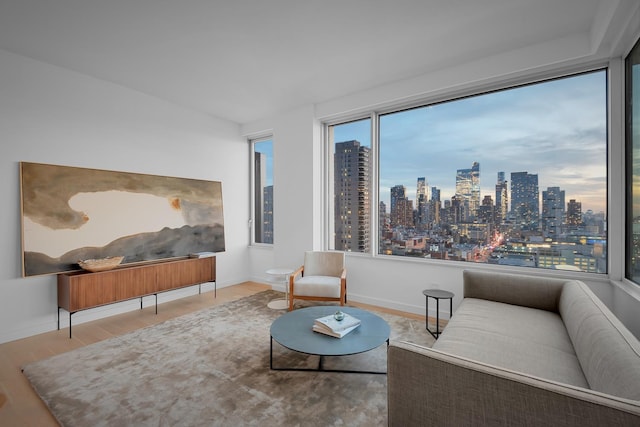 sitting room with baseboards, a view of city, and wood finished floors