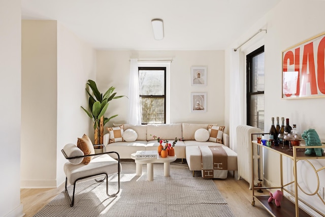 living area featuring baseboards, radiator heating unit, and light wood-style floors