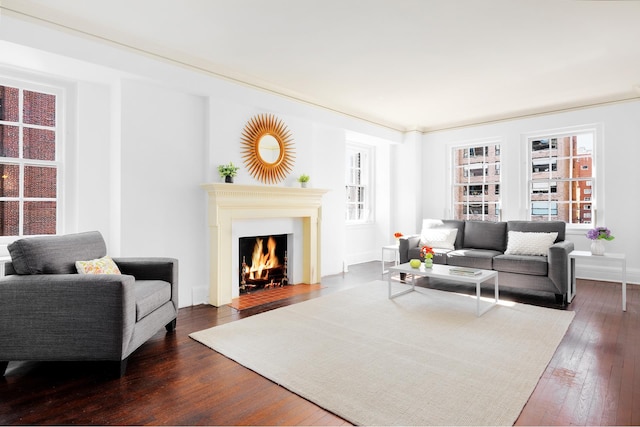 living room featuring a fireplace with flush hearth and dark wood finished floors