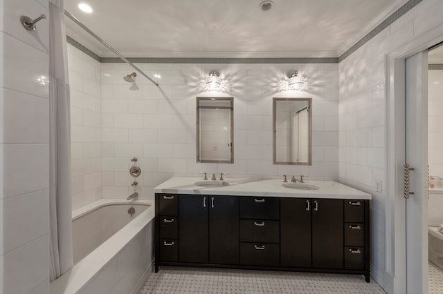 535 W End Ave Unit 15, New York City, NY 10024 - full bathroom with double vanity, shower / tub combination, crown molding, tile patterned floors, and toilet