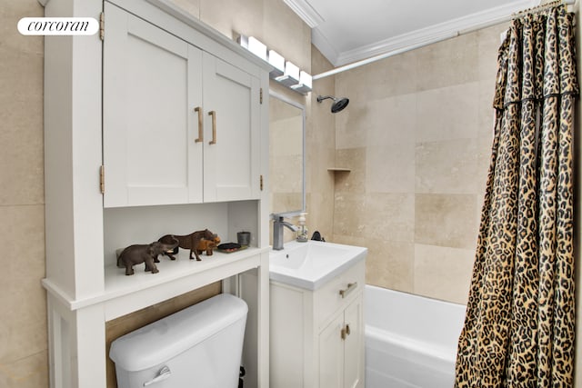 225 E 36th St Unit 1F, New York City, NY 10016 - full bathroom featuring ornamental molding, shower / bath combo, toilet, and vanity