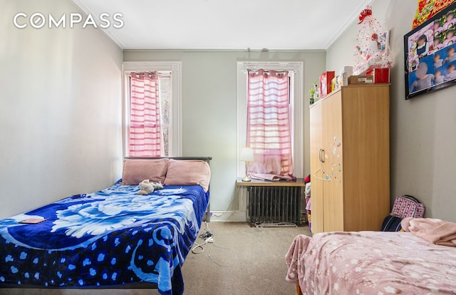 bedroom with crown molding, radiator heating unit, and carpet