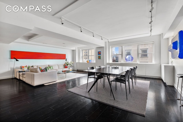 dining room featuring rail lighting, wood finished floors, and baseboards