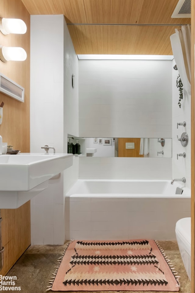 full bathroom with wood ceiling, visible vents, and toilet