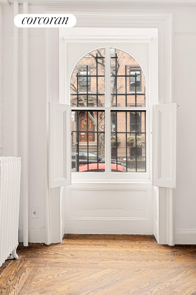 detailed view of radiator and wood finished floors