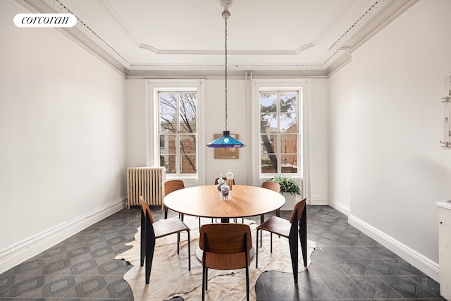 dining space with radiator, healthy amount of natural light, a tray ceiling, baseboards, and ornamental molding