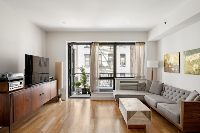 living room with light wood-type flooring and a wall unit AC