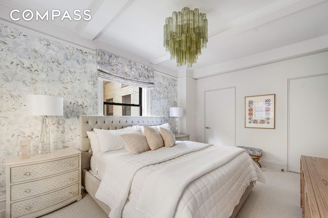 carpeted bedroom with wallpapered walls, baseboards, ornamental molding, and beam ceiling