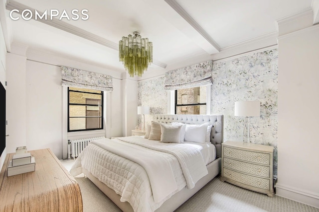 bedroom featuring beam ceiling, carpet flooring, crown molding, and radiator heating unit