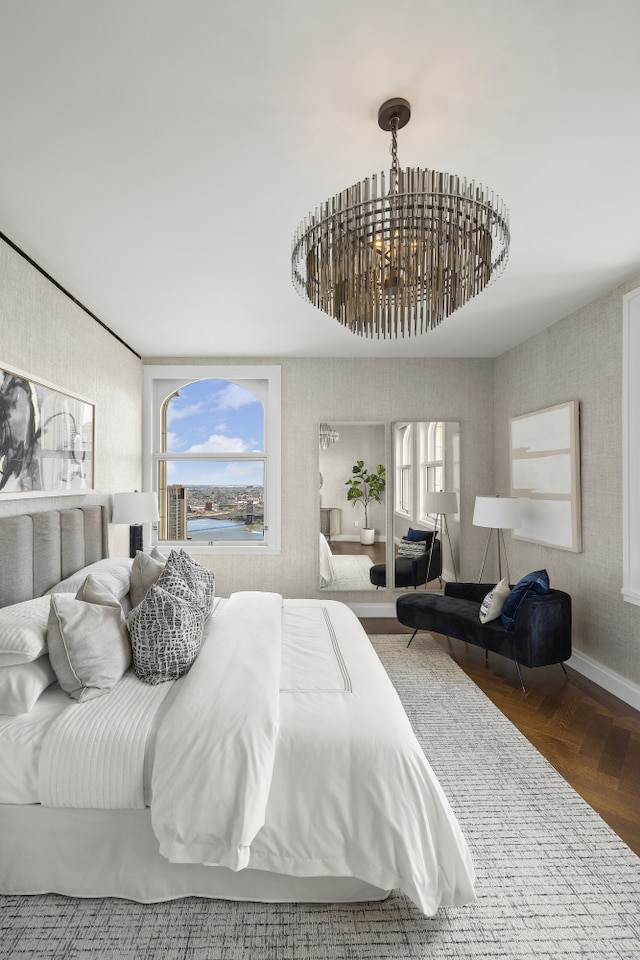 bedroom with wallpapered walls