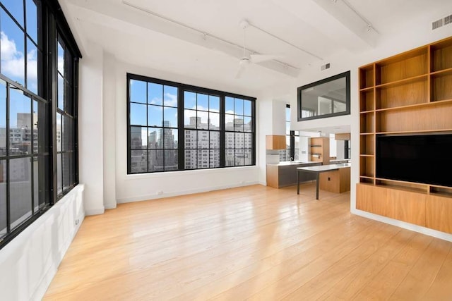 unfurnished living room featuring built in features, a ceiling fan, visible vents, light wood finished floors, and track lighting