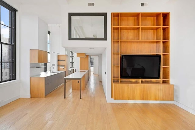 living area with light wood-type flooring, visible vents, and baseboards