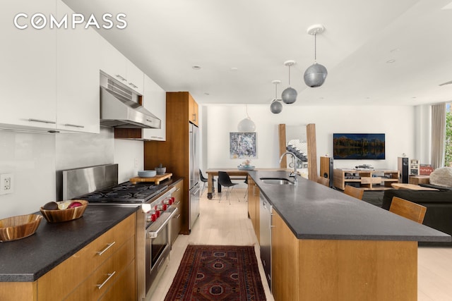 kitchen with dark countertops, a sink, under cabinet range hood, stainless steel appliances, and a kitchen island with sink