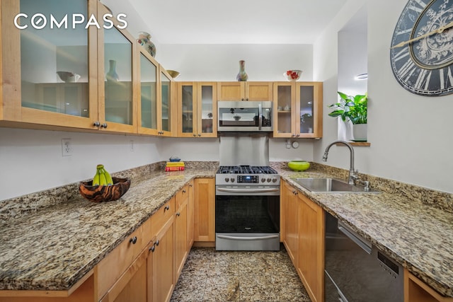 kitchen featuring light stone counters, stainless steel appliances, glass insert cabinets, and a sink