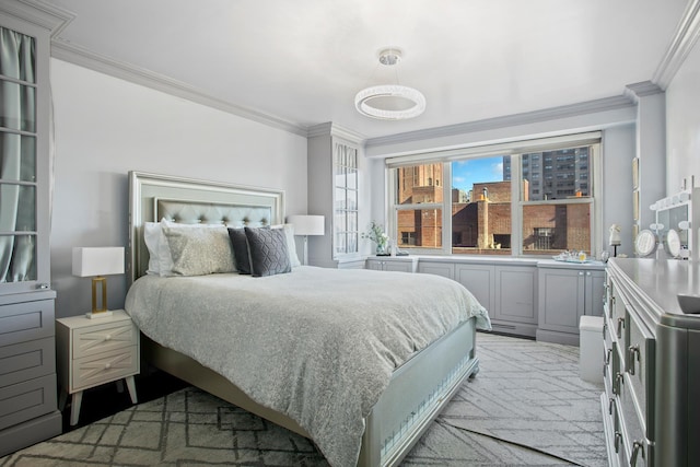 bedroom with light carpet and ornamental molding