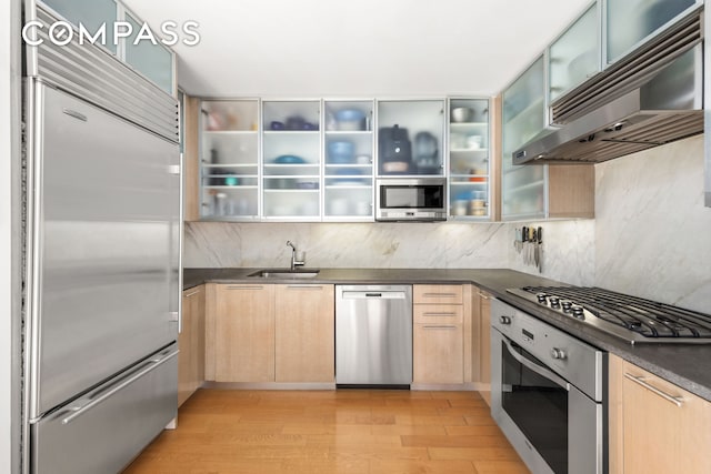 kitchen featuring under cabinet range hood, appliances with stainless steel finishes, light brown cabinets, and a sink