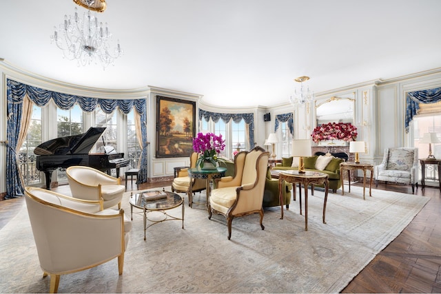 interior space with crown molding and a notable chandelier