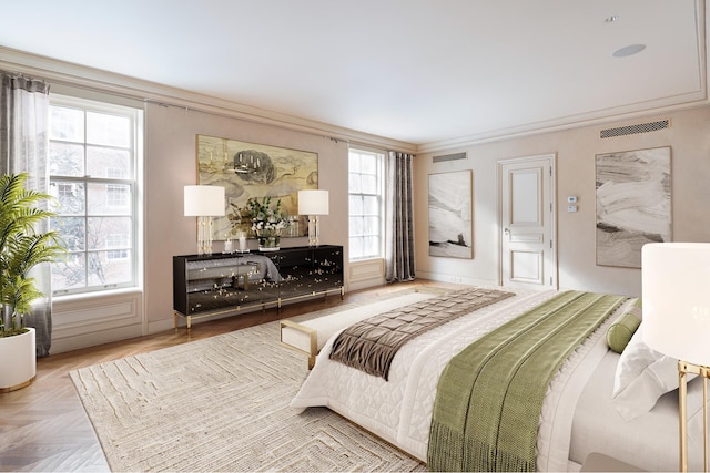 bedroom featuring visible vents and ornamental molding