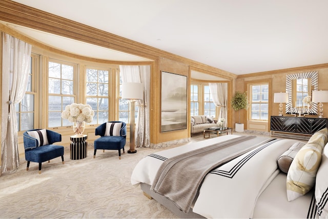 bedroom with crown molding and carpet flooring