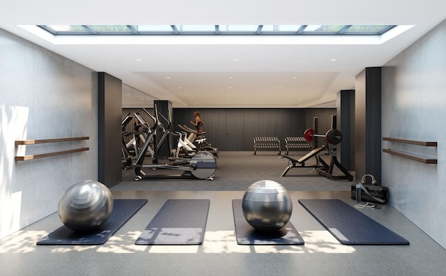 exercise room featuring a skylight