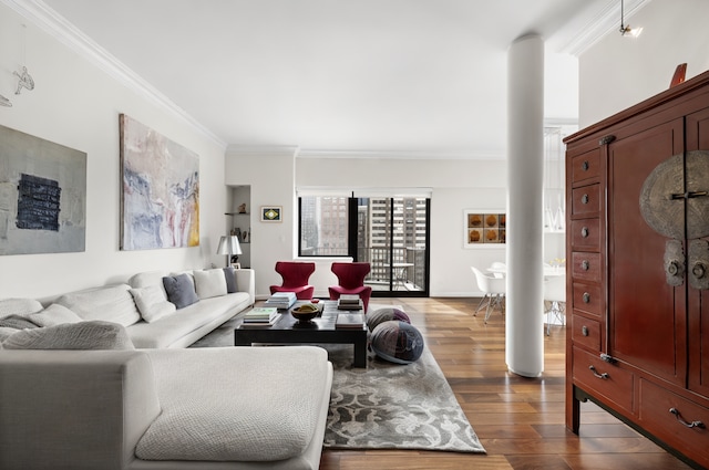 10 W 66th St Unit 27F, New York City, NY 10023 - living room with crown molding, decorative columns, and dark wood-style flooring