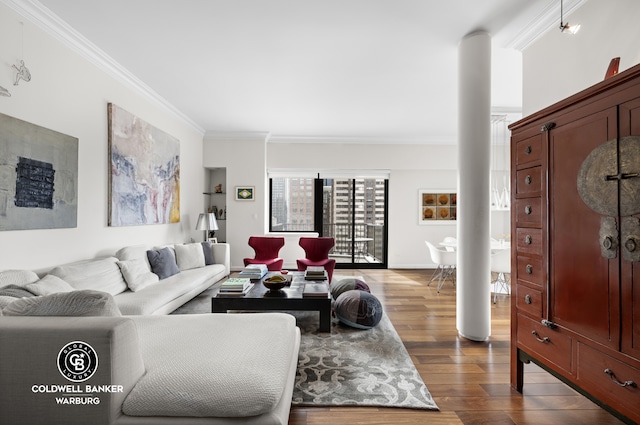 living room with dark wood finished floors and crown molding