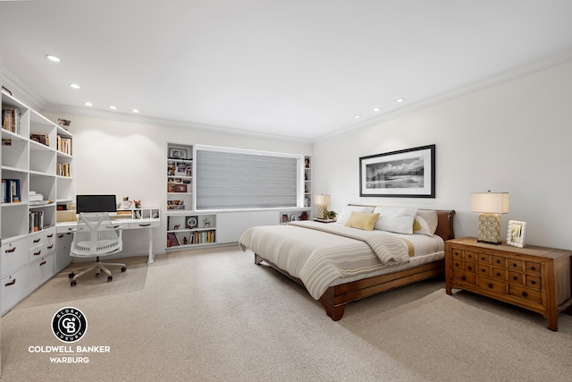 10 W 66th St Unit 27F, New York City, NY 10023 - bedroom with ornamental molding, recessed lighting, and a desk