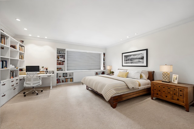 10 W 66th St Unit 27F, New York City, NY 10023 - bedroom featuring crown molding, light carpet, recessed lighting, and a desk