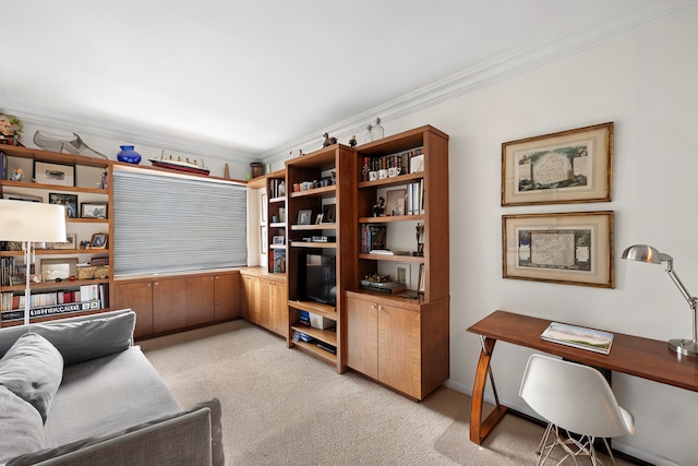 10 W 66th St Unit 27F, New York City, NY 10023 - sitting room with light carpet, crown molding, and a desk