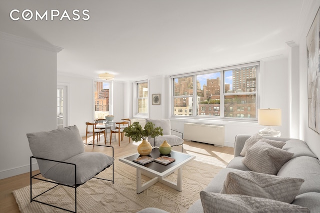 living room featuring radiator, baseboards, a city view, ornamental molding, and wood finished floors