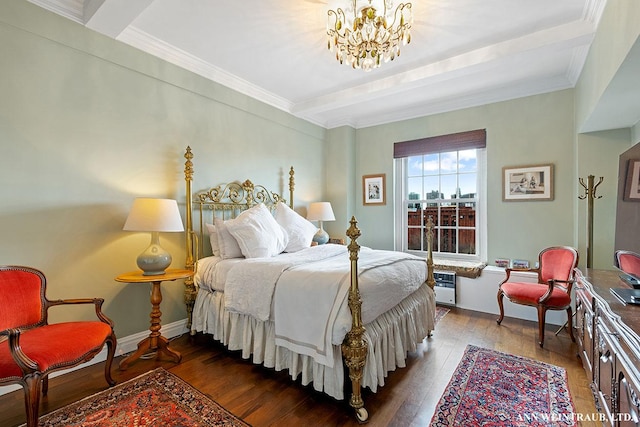 bedroom featuring baseboards, beam ceiling, an inviting chandelier, and hardwood / wood-style flooring