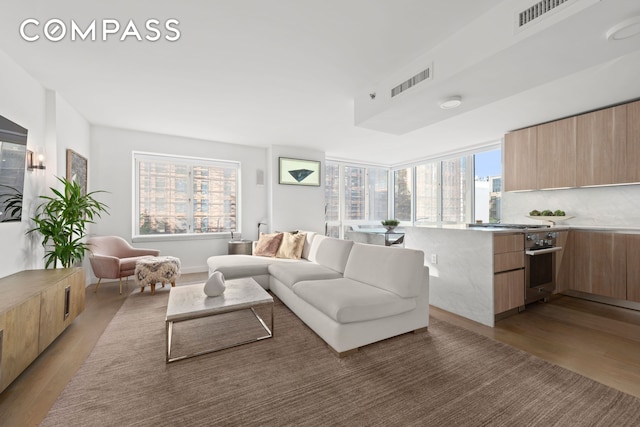 living room featuring visible vents and wood finished floors