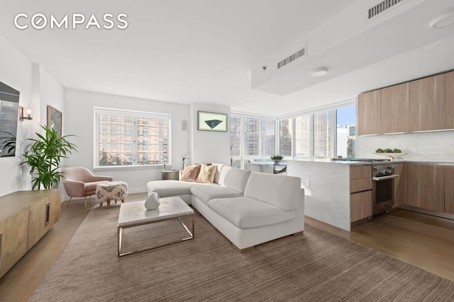 living area with visible vents and wood finished floors