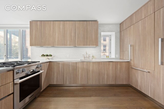 kitchen with light countertops, modern cabinets, light brown cabinets, and high end stainless steel range