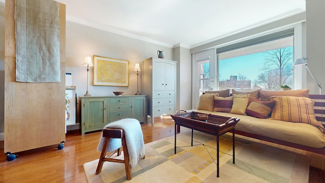 living area featuring crown molding and light wood-style floors